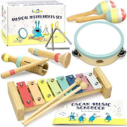 Musical Instruments Set - Montessori Wooden Toys for Toddlers 1-3 | Modern Boho Baby Xylophone with Songbook | Neutral Colors Percussion Instruments | Kids Preschool Educational - style: Xylophone