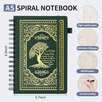 A5 Hardcover Spiral Notebook Tree of Life Journal Daily Journals for Writing Travel Notebooks Journal for Women Men 80GSM Paper Leather Spiral Journal,5.7"x8.3"（Spiral Tree -Green) - color: Spiral Tree of Life-green