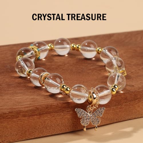 Natural Bead Bracelet 10mm Healing Crystal Bracelet for Women & Men Feng Shui Good Luck Meditation Buddhist Jewelry Handmade Stone Beaded Jewelry for Gift - color: Clear