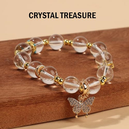 Natural Bead Bracelet 10mm Healing Crystal Bracelet for Women & Men Feng Shui Good Luck Meditation Buddhist Jewelry Handmade Stone Beaded Jewelry for Gift - color: Clear