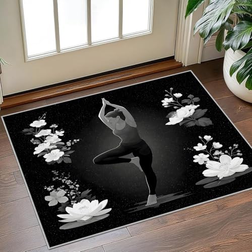 Yoga Silhouette Small Area Rug 2x3 - Washable Low Pile Meditation Accent Rug - Non Slip White Flower Carpet for Entryway, Kitchen, Bathroom, Bedroom, Living Room - Soft Floor Mat Home Decor, Black - color: Deep Black -93, size: 2' x 3' (Rectangular)