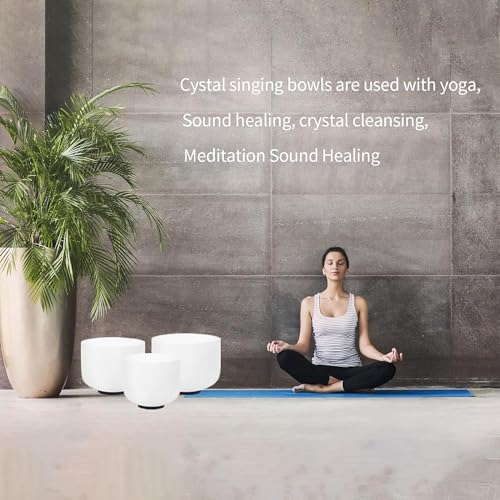 Hye-eun Crystal Singing Bowls Set, 432hz of 3pcs Singing Bowls 8-12 Inch G E C with Carrying Case for Sound Healing Meditation