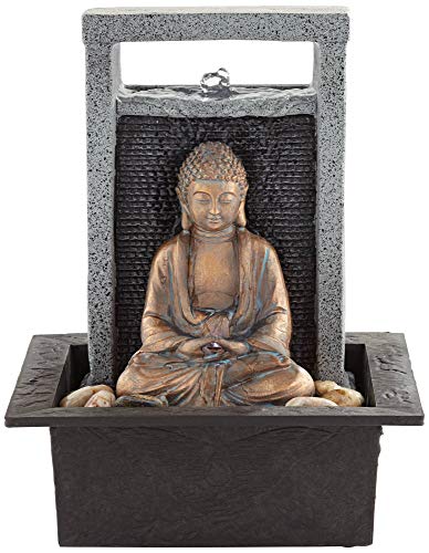 Meditating Buddha 11" High Small Zen Asian Indoor Decor Faux Stone Tabletop Fountain Bubbler Waterfall Water Feature for Desk Relaxation Bedroom Living Room Countertop Inside House - John Timberland