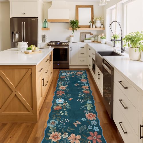 Lahome Floral Washable Runner Rug, 2'6''x8' Soft Hallway Runner Rug Non Slip, Boho Ultra-Thin Kitchen Runners for Hallways with Rubber Backing Carpet for Laundry Bedroom Bathroom Flore (Navy Blue) - color: Navy Blue, size: 2.6' x 8'（Runner）