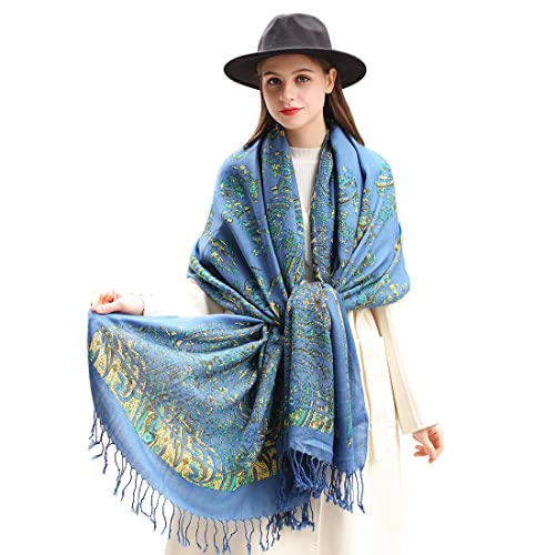 100% Merino Wool Pashmina Shawl for Women 96"x43", Oversized Cashmere Wrap with Tassels, Floral Travel Blanket Cape - color: Blue Green Spiral Garden