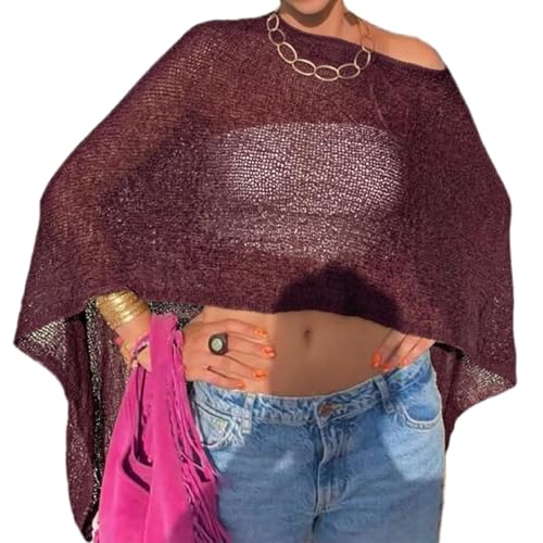 Women Sheer Poncho Top Knit Crochet Lightweight See Through Shawl Summer Shrug Beach Cover Up - color: A1 Red Brown