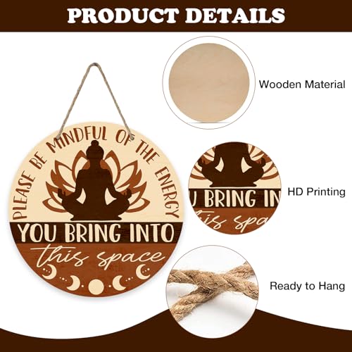 Positive Energy Buddha Front Door Sign, Meditation Room Zen Den Wood Door Hanger Decor, Spiritual Wooden Wreath Indoor Yoga Studio Spa Therapy Wall Hanging Decoration Meditation Accessories Gifts