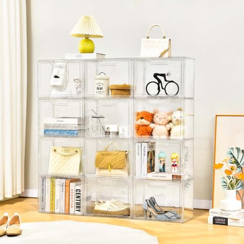 Purse Organizer for Closet,Clear Acrylic Display Case for Handbag Organizer, Purse Storage Box with Magnetic Door, Plastic Storage Bins for Book, Collectibles, Cosmetic (9 Pack)
