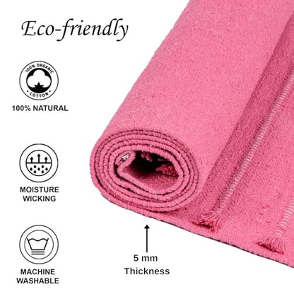 Sivi Herbal Organic Cotton Yoga Mat - Eco-Friendly Hand-Woven Non-Slip Rug - Thick & Comfortable (24”x72”x5mm) for Home Fitness & Yoga - color: Hibiscus