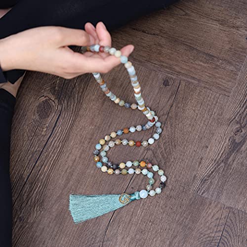 COAI OM Charm Hand Knotted Tassel 108 Mala Beads Necklace - color: Faceted Amazonite, size: 8mm