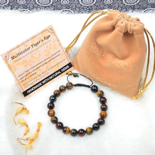 MASSIVE BEADS Handmade Yoga Natural Stone Crystal Healing Power Energy Gifts for Unisex Adult Bracelet Macrame Adjustable - color: 3-Tiger's Eye (Vitality and Abundance), size: 10mm