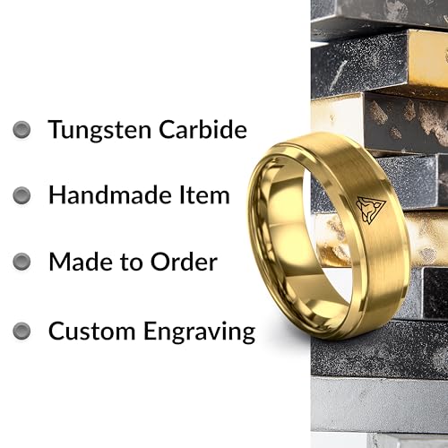Gift for Yoga Fan - Yoga Meditation Ring - Flat Dome Bevel - Band - Men Women - Brushed Polished - Tungsten - Personalized Custom Engraving - 8mm - Anniversary Wedding - Yellow Rose Gold Silver - color: 11 - Yellow Gold Tungsten