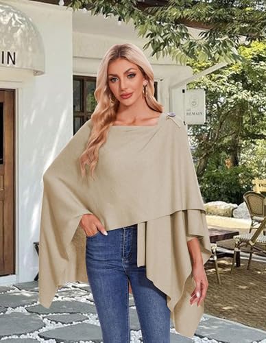 PULI Womens Large Cross Front Poncho Sweater Wrap Topper Knitted Elegant Shawls Cape for Fall Winter - color: 2-barley Twist With Button