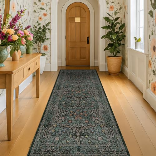 Vintage 3x8 Wide Runners for Hallways, Long 8ft Floor Runner for Kitchen, Entryway Indoor, Washable Non Skid Rubber Backing Stain Resistant - Dark Green Floral Décor - color: Dark Green / Black, size: 3' x 8' (Runner)