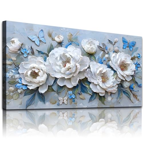 WLWBINTING White Peonies Flowers Wall Art for Living Room Large Wall Decor Textured Floral Pictures Modern Farmhouse Painting Canvas Art Prints Vintage Artwork For Bedroom Office Home Aesthetics - color: White Flowers Painting, size: 48"L x 24"W