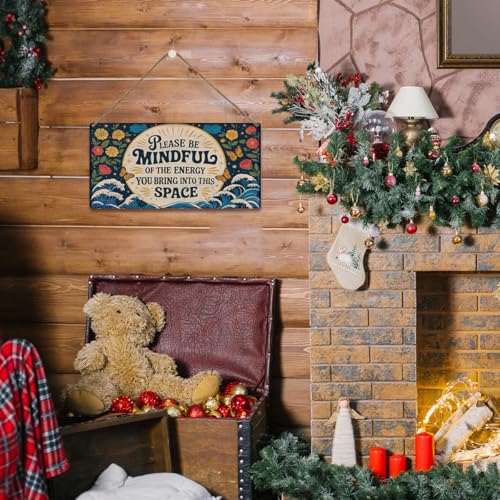 Funny Inspirational Wall Art Please Be Mindful of the Energy You Bring Wooden Sign,Spiritual Wall Zen Spa Decor for Home,Yoga Room,or Meditation Space Accessories,Retro Office Wall Art Aesthetic Decor