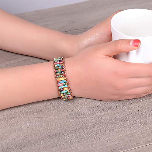 Women Boho Handmade Natural Stone Crystal Leather Bead Wrap Bracelets Collection - style: Colorful Jasper 1W
