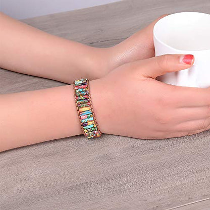 Women Boho Handmade Natural Stone Crystal Leather Bead Wrap Bracelets Collection - style: Colorful Jasper 1W