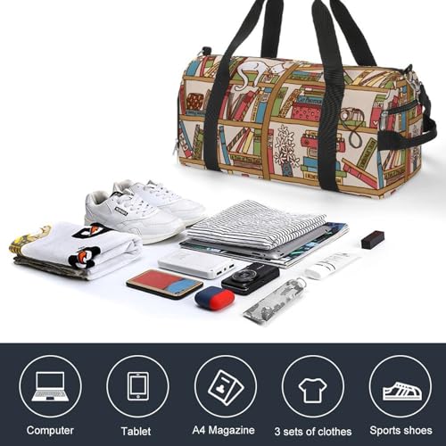Sleeping Cat Library Bookshelf Large Capacity Portable Fitness Bag, Easy to Carry - color: sleeping cat library bookshelf