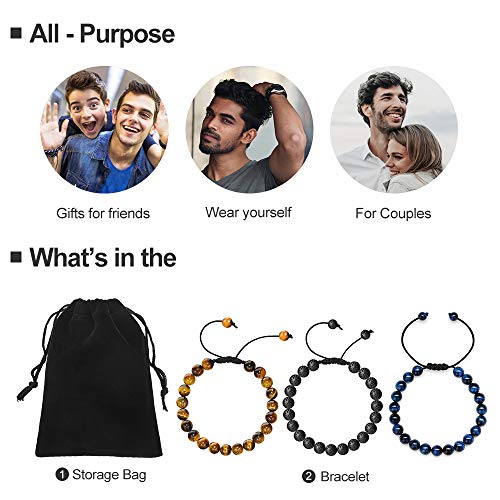 M MOOHAM Fathers Day Gift Mens Bracelet - Beaded Natural Stone 8mm Tiger Eye Matte Agate Lava Rock Bracelets for Men Teen Boys Grandpa Dad Birthday Gifts Jewelry - style: 3 Pcs Tiger Eye&Lava Rock