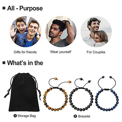 M MOOHAM Fathers Day Gift Mens Bracelet - Beaded Natural Stone 8mm Tiger Eye Matte Agate Lava Rock Bracelets for Men Teen Boys Grandpa Dad Birthday Gifts Jewelry - style: 3 Pcs Tiger Eye&Lava Rock