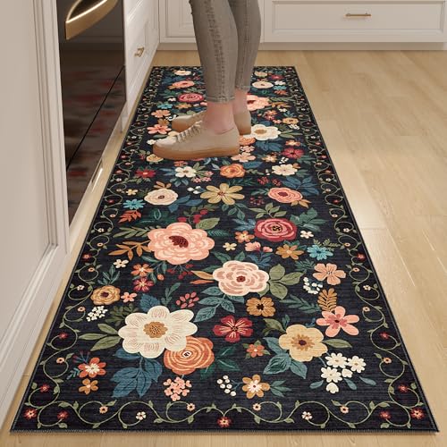 DUKINO Runner Rug, 2.6x8 Kitchen Rugs for Hallway with Non Slip Backing, Washable Low Pile Soft Boho Floral Runner Carpet for Hallway, Kitchen, Entryway, Laundry, Bedroom, Black - color: Black, size: 2'6" x 8' (Rectangular)