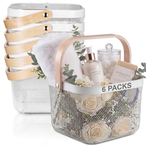 Roshtia White Metal Wire Storage Basket with Wooden Handle, Decorative Farmhouse Organizer Bin for Bathroom Counter, Pantry Shelf, Kitchen Storage, Gift Basket for Spa, Baby Shower, Wedding, 9.65 Inch - color: White, size: 9.65 x 9.65 x 7.09 Inch