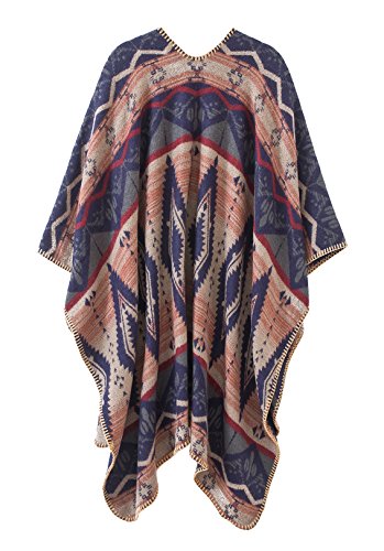 Urban CoCo Women's Color Block Shawl Wrap Open Front Poncho Cape - color: Navy Blue