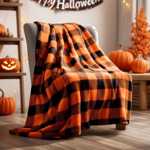BEDELITE Halloween Blanket for Decor & Gift, Orange and Black Buffalo Plaid Throw Blanket for Couch, Soft & Warm Fleece Throw for Women Men, 50"x60" - color: Orange & Black, size: Throw(50"x60")