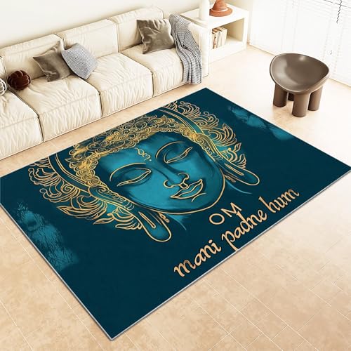 Meditation Tibetan Style Gold Blue Washable Rug 4x6 ft, Ultra Soft Large Area Rug Non Slip Rug Foldable, Blue Stain Resistant Rugs for Living Room Bedroom, Modern Low Pile Fuzzy Decor Rug - size: 4x6 ft