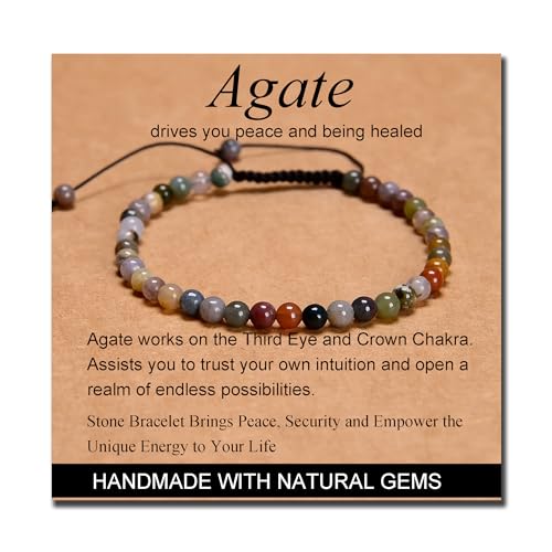MASSIVE BEADS Handmade Yoga Natural Stone Crystal Healing Power Energy Gifts for Unisex Adult Bracelet Macrame Adjustable - color: Indian Agate(Peaceful), size: 4mm
