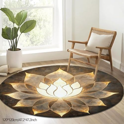 Golden Lotus Round Rug Flannel Meditation Yoga Mat Indoor Living Room Decor Rug for Meditation, Game & Outdoor Portable Seat Cushion (120 * 120cm/47.2 * 47.2inch)