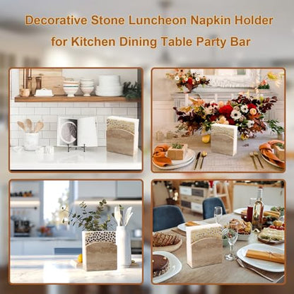 Travertine Stone Napkin Holder,Standing Napkin Holders Fit for 6.5”x6.5” Luncheon-Sized Napkins,Stone Napkin Holder for Table Kitchen Counter Dining Room Party Bar Decor,Beige - size: 6.6x5.5 Inch