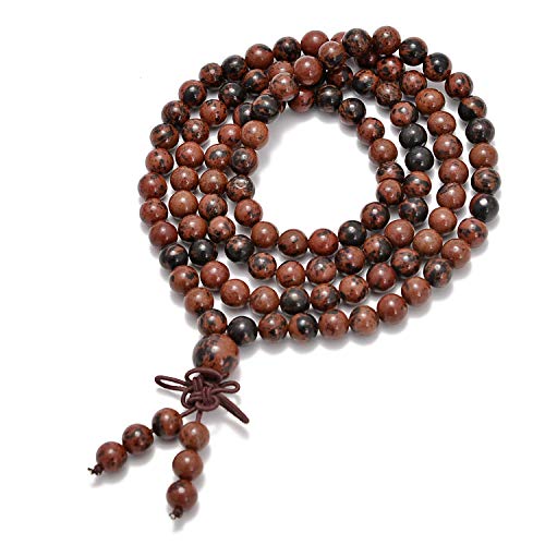 AD Beads 6mm Natural Healing Gemstones Buddhist 108 Prayer Mala Stretchy Bracelet Necklace - color: Mahogany Obsidian