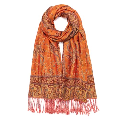 QIUTIMIY Paisley Pashmina Shawl Wrap Women Reversible Vintage Jacquard Pashmina Rave Scarf with Fringe for Evening, Wedding - color: Flower1-orange