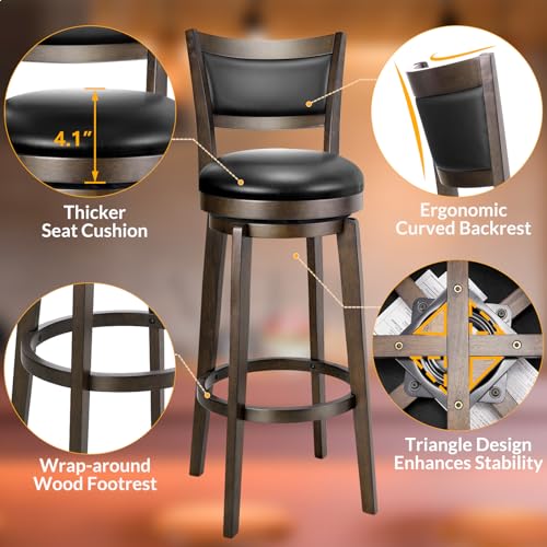 PrimeZone Swivel Bar Stools Set of 2, 34 Inch Extra Tall Bar Height Barstools, Black Faux Leather Bar Stool with High Backrest, Solid Wood Leg, Wrap-Around Footrest, Counter Stools for Pub - size: 34" Extra-tall Bar Height