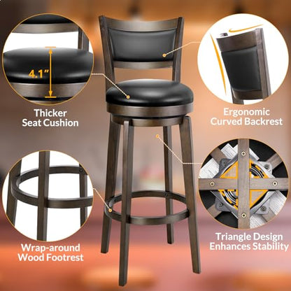 PrimeZone Swivel Bar Stools Set of 2, 34 Inch Extra Tall Bar Height Barstools, Black Faux Leather Bar Stool with High Backrest, Solid Wood Leg, Wrap-Around Footrest, Counter Stools for Pub - size: 34" Extra-tall Bar Height