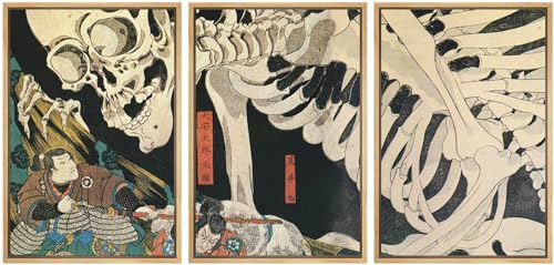 wall26 Framed Wall Art Print Set Witch & Skeleton Ukiyo-E by Utagawa Takiyasha Historic Cultural Illustrations Fine Art Chic Scenic Multicolor for Living Room, Bedroom, Office - 16"x24"x3 Natural - color: Artwork - C228, size: 16" x 24" x 3 Panels NATURAL
