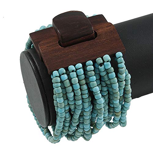 Avalaya Dusty Light Blue Glass Bead Multistrand Flex Bracelet With Wooden Closure - 19cm L