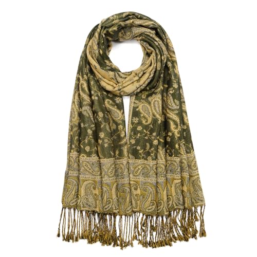 QIUTIMIY Paisley Pashmina Shawl Wrap Women Reversible Vintage Jacquard Pashmina Rave Scarf with Fringe for Evening, Wedding - color: Flower1-grass Green