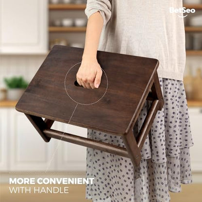Wooden Step Stool (16.5" Dx12 Wx9 H) Bed Steps for High Beds for Adults - Natural Solid Wood One Step Stool, Heavy Duty- Holds up to 600Lbs- Perfect Safety (9in Height-Walnut)