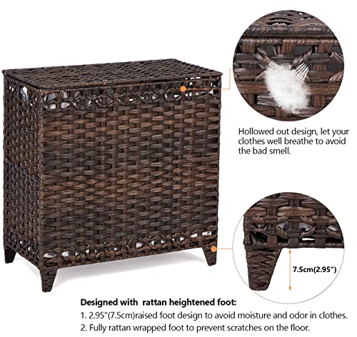 Laundry Hamper with 3 Removable Liner Bags; 132L Handwoven Rattan Laundry Basket with Lid & Heightened Feet; Clothes Hamper with Side Handles; Laundry Sorter with 3 Separate Sections