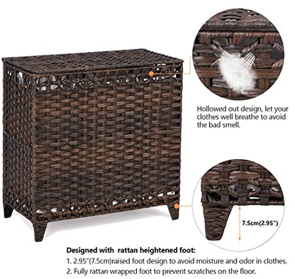 Laundry Hamper with 3 Removable Liner Bags; 132L Handwoven Rattan Laundry Basket with Lid & Heightened Feet; Clothes Hamper with Side Handles; Laundry Sorter with 3 Separate Sections
