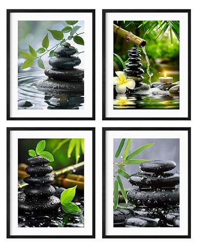 Zen Stones Wall Art - Set of 4 Framed Prints Bamboo Floral Green Wall Decor for Relaxing Bathroom Decor, Spa Theme, Calming Massage Room Artwork - color: Zen Stones 1, size: 12x16 Black Framed