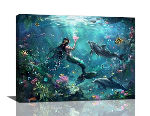 Fuzawet Mermaid Wall Art Ocean Dolphin Pictures Wall Decor Mermaid Canvas Painting Print Home Modern Artwork Decorations Framed for Bathroom Living Room Bedroom Office 16 x 12 inch - color: Mermaid Dolphin, size: 16"L x 12"W