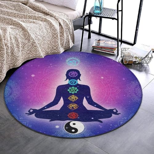 Modern Round Flannel Carpet, Chakra Yoga Meditation Lotus Blue Mandala, Anti Slip Backing Play Mat for Boys Girls Room & Bedroom Decor, 60 Inches - color: Pattern (130), size: 60 inches