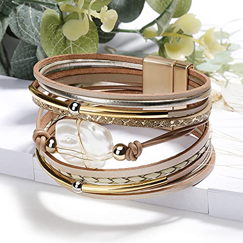 Fesciory Leopard Bracelet for Women, Boho Leather Wrap Multi-Layer Pearl Crystal Bracelet Bangle Jewelry - style: Gold Leather(Pearl)