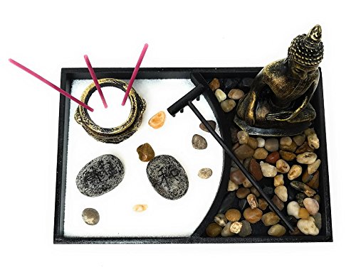 Royal Brands Zen Garden with Buddha, Rake, Rock Candle, and Incense Holder – Peace and Tranquility (9"x6"x7")