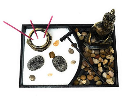 Royal Brands Zen Garden with Buddha, Rake, Rock Candle, and Incense Holder – Peace and Tranquility (9"x6"x7")
