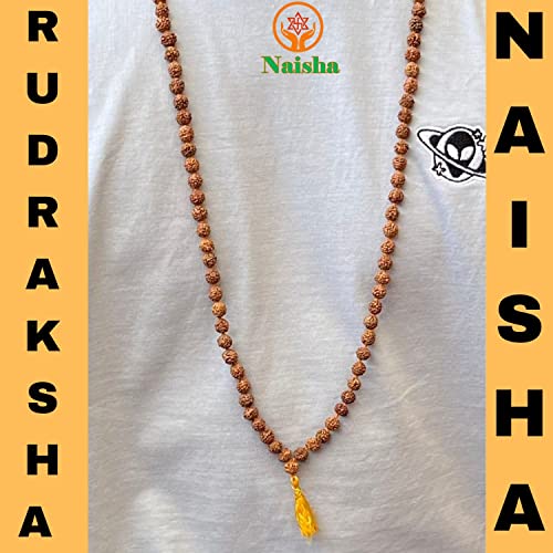 NAISHA Rudraksha Stretchable Bracelet & Rudraksha Mala 108+1 Beads Necklace 5 mukhi Paanch mukhi 5 face, Prayer Beads, Wrist Mala Wrap, Jaap Mala, Bracelet Bead Size 7 mm (Pack of 2)